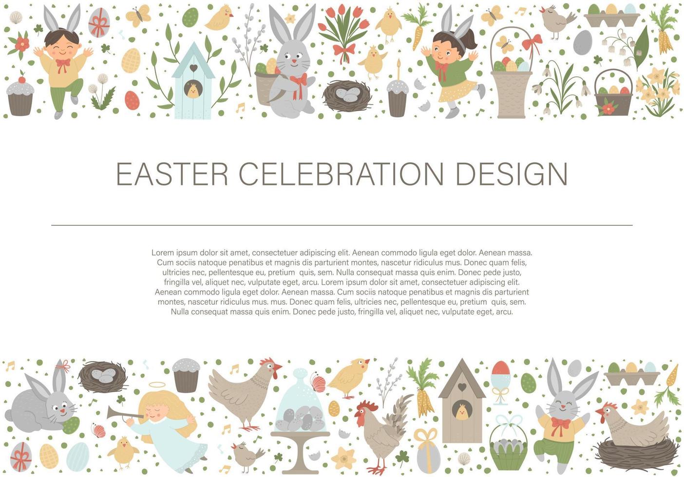 Vector Easter horizontal layout frame border with bunny, eggs and happy children isolated on white background. Christian holiday banner or invitation with place for text. Cute spring card template.