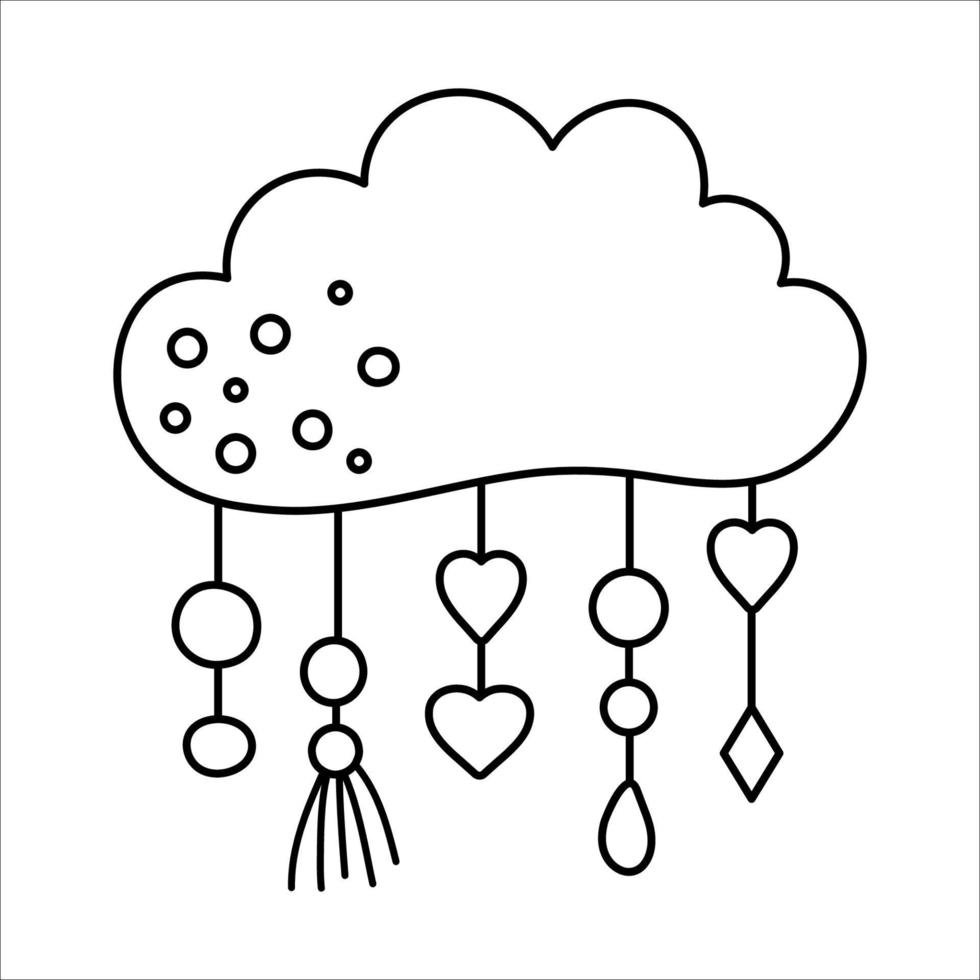 nube vectorial boho en blanco y negro con colgantes. icono de línea bohemia aislado sobre fondo blanco. ilustración de contorno ornamentado celestial. vector