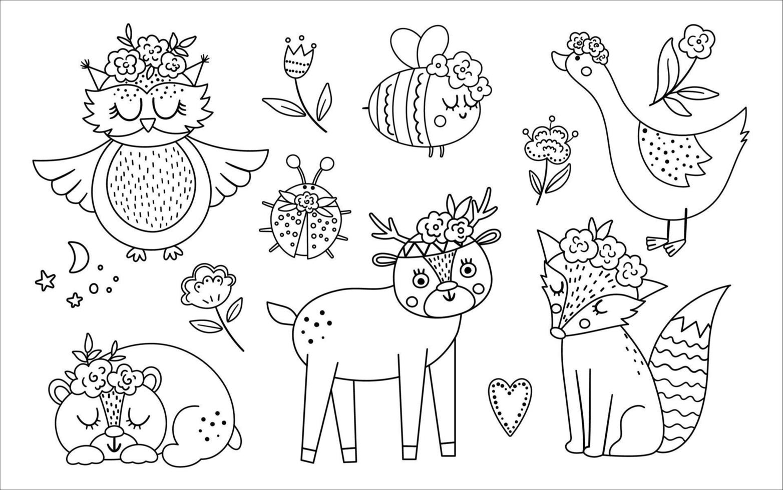 colección de animales, insectos y pájaros del bosque en blanco y negro vectorial. conjunto de bosque de línea boho. zorro bohemio, búho, oso, ciervo, mariquita, ganso con flores en la cabeza. paquete de imágenes prediseñadas celestiales vector