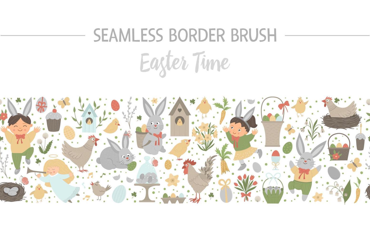 Vector Easter seamless pattern brush. Christian holiday themed background. Repeating border with bunny, eggs and happy children isolated on white background.