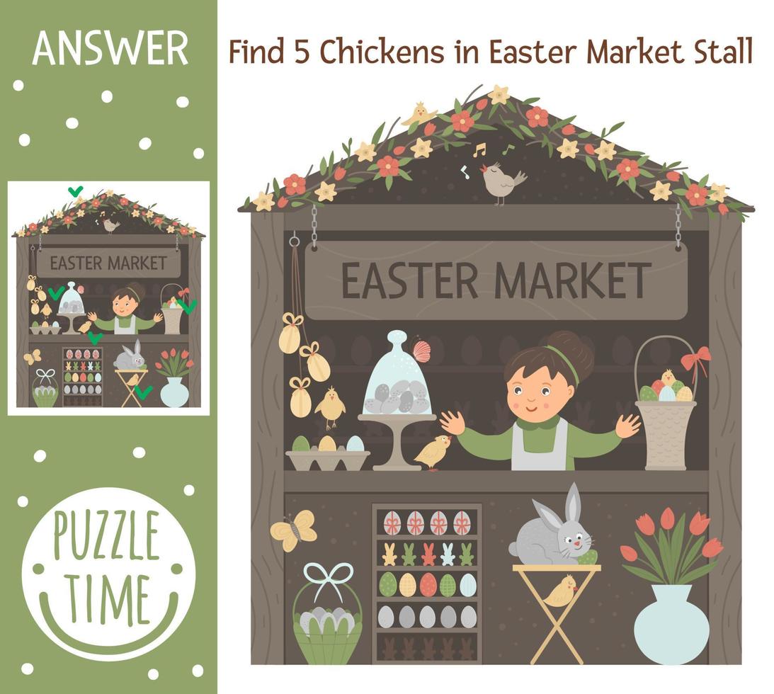 Easter searching game for children with spring shop with colored eggs and bunny. Cute funny smiling characters. Find hidden chickens in market stall. vector