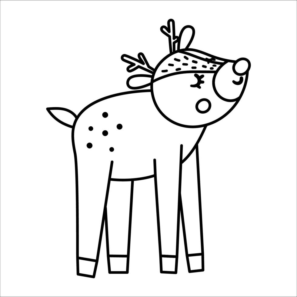 Vector black and white hand drawn baby deer. Cute little woodland animal line icon isolated on white background. Sweet forest illustration or coloring page.