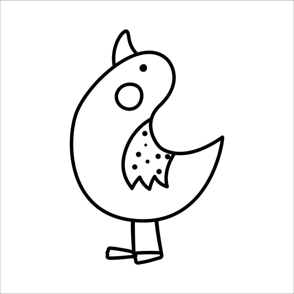 Vector black and white hand drawn baby goose. Cute little woodland bird line icon isolated on white background. Sweet forest illustration or coloring page.