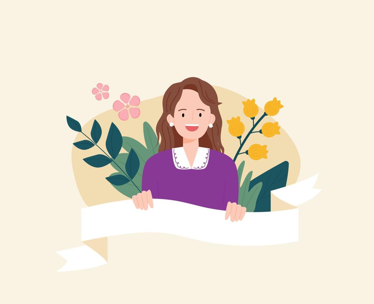 A woman holds a ribbon banner in her hands. Flowers are decorated behind her. vector