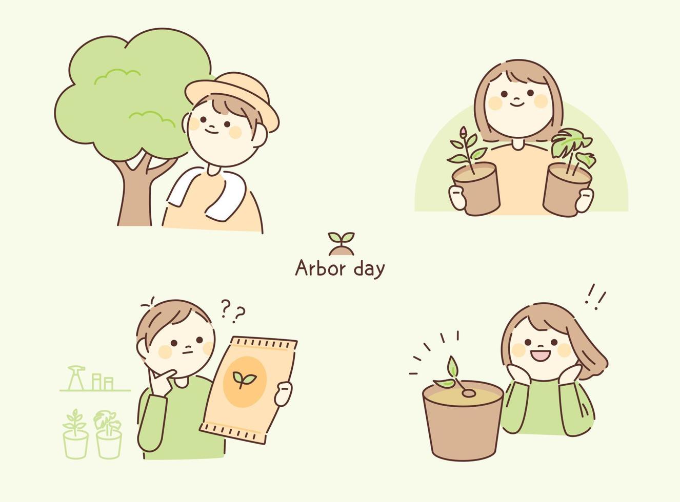 arbor day. People are growing plants. Circle face character. vector