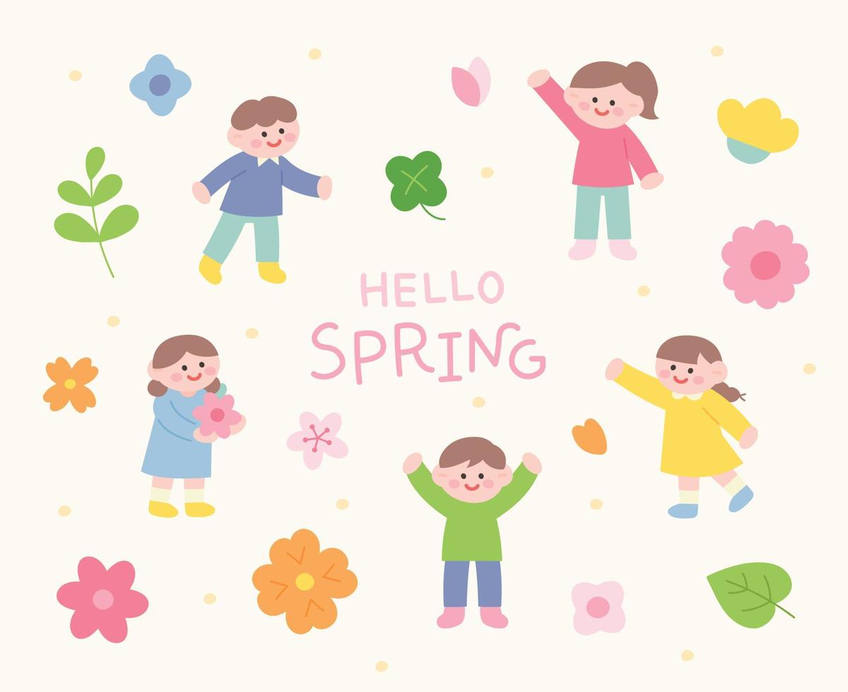 los niños lindos hacen caras felices y las flores de primavera florecen a su alrededor. vector