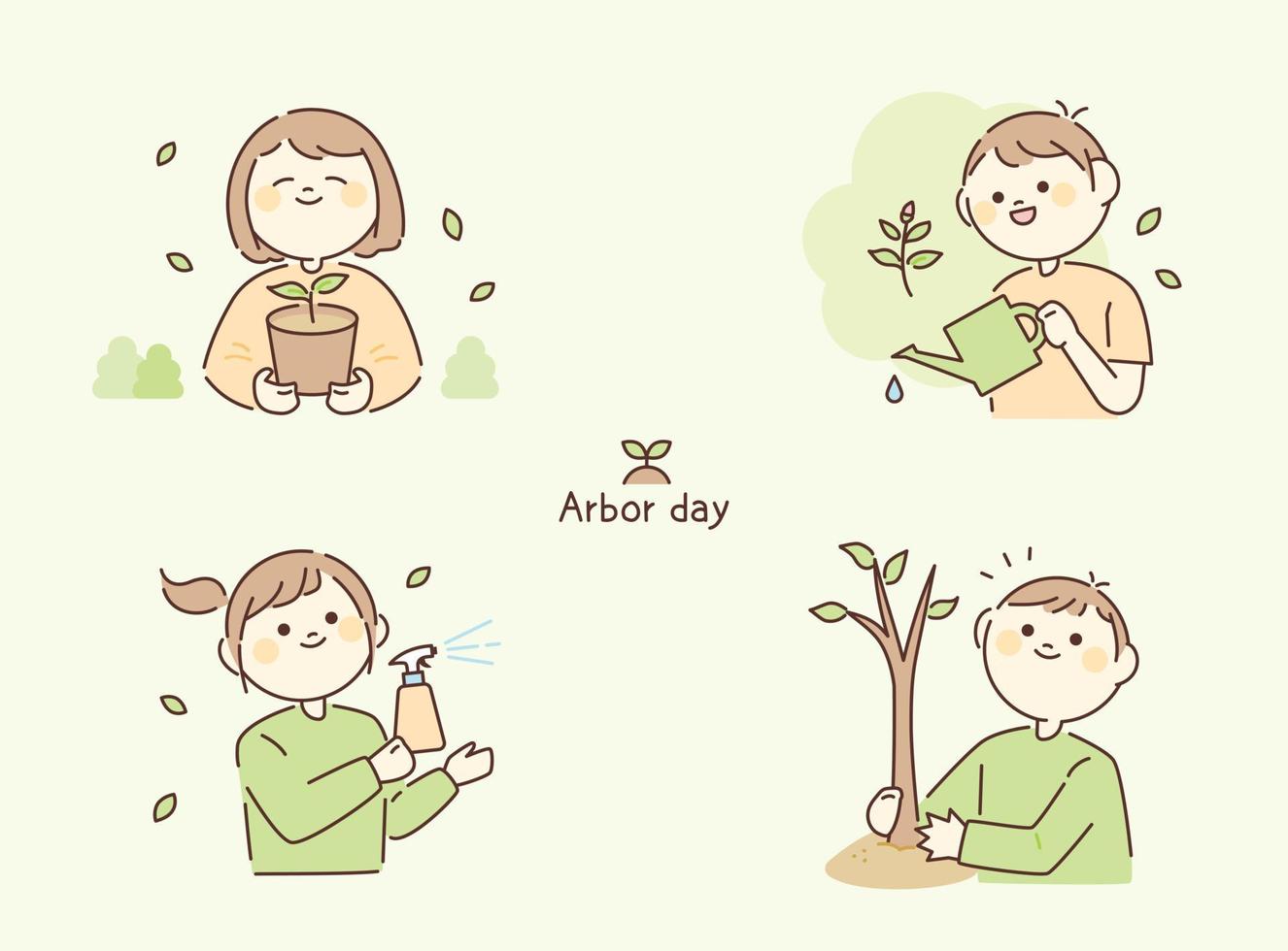 arbor day. People are taking care of plants. Circle face character. vector