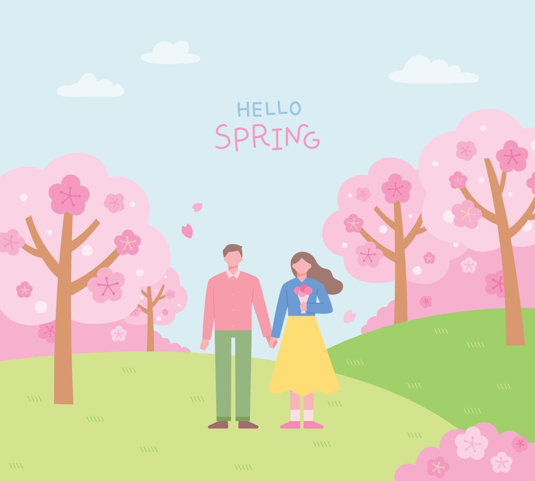 A man and a woman are standing holding hands. Park background with cherry blossoms. vector