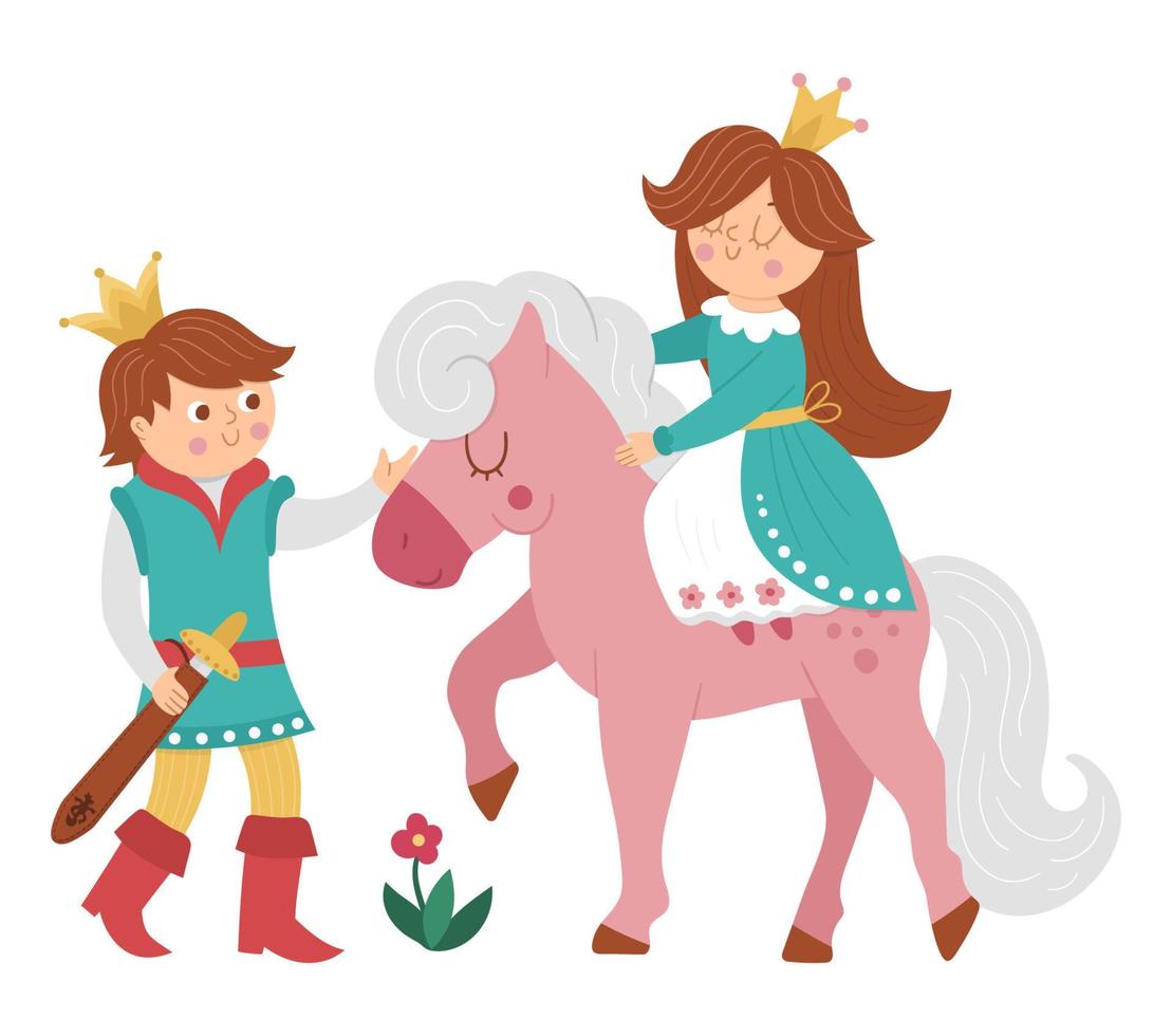 príncipe de cuento de hadas con princesa en un caballo rosa sobre fondo blanco. vector fantasía joven monarca en corona con niña. personajes de cuentos de hadas medievales. icono soberano mágico de dibujos animados. Escena de amor