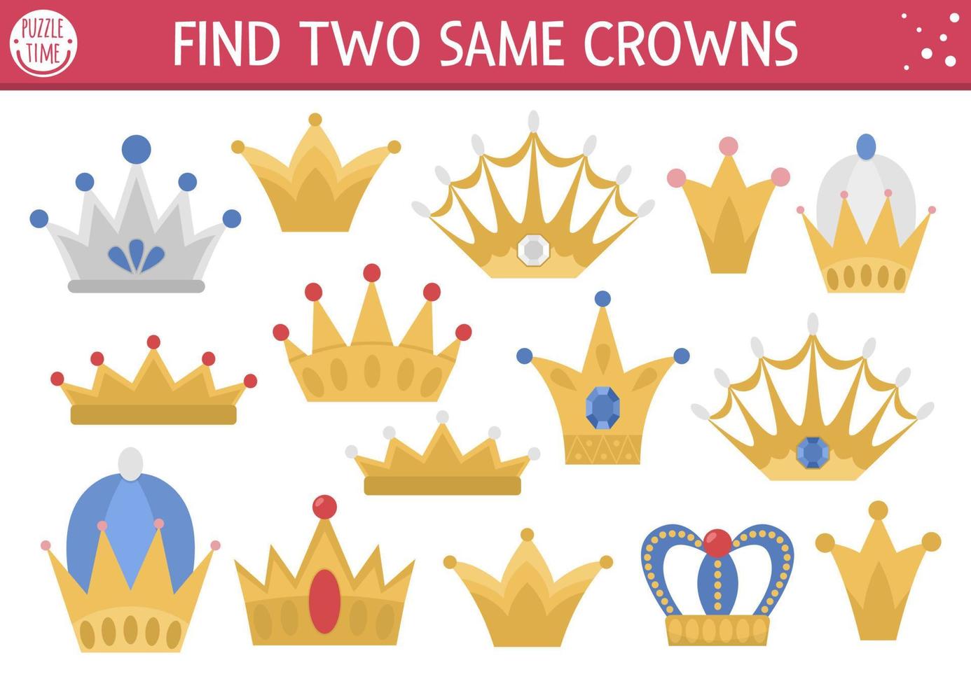 Find two same crowns. Fairytale matching activity for children. Magic kingdom educational quiz worksheet for kids for attention skills. Simple printable game with cute king jewelry vector