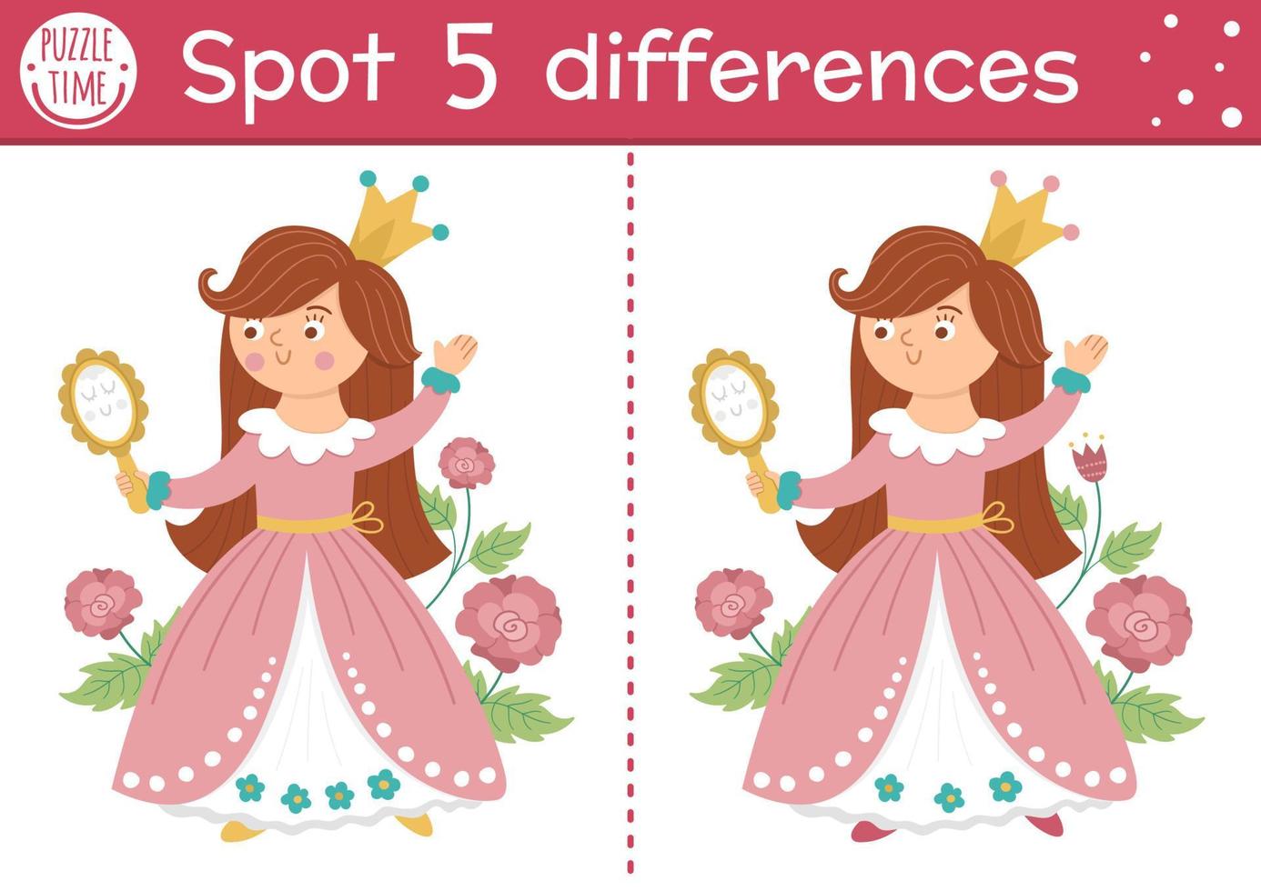 Find differences game for children. Fairytale educational activity with cute princess and mirror. Magic kingdom puzzle for kids with fantasy character. Fairy tale printable worksheet or page vector