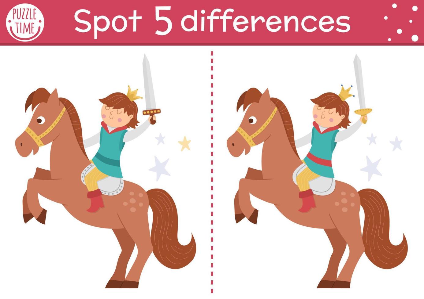 Find differences game for children. Fairytale educational activity with cute prince on a horse. Magic kingdom puzzle for kids with fantasy character. Fairy tale printable worksheet or page vector