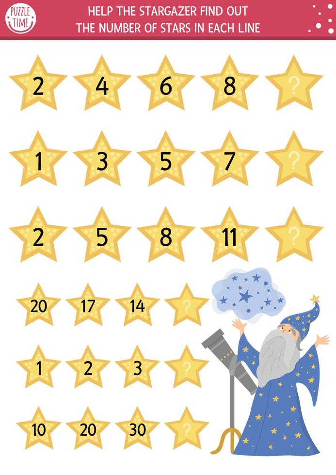 Help the stargazer find out the number of stars. Continue the row game with numerals and cute fairytale character. Magic kingdom logical math activity for preschool kids vector