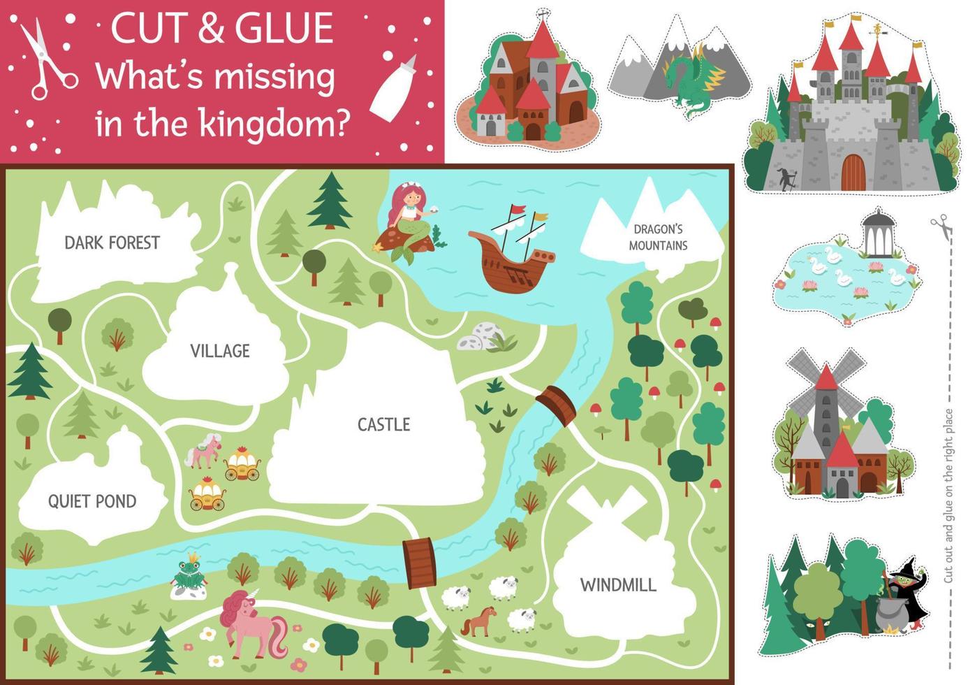 Vector fairytale cut and glue activity. Crafting game with cute magic kingdom map. Fun printable worksheet for children. Find the right piece of the puzzle. Complete the picture