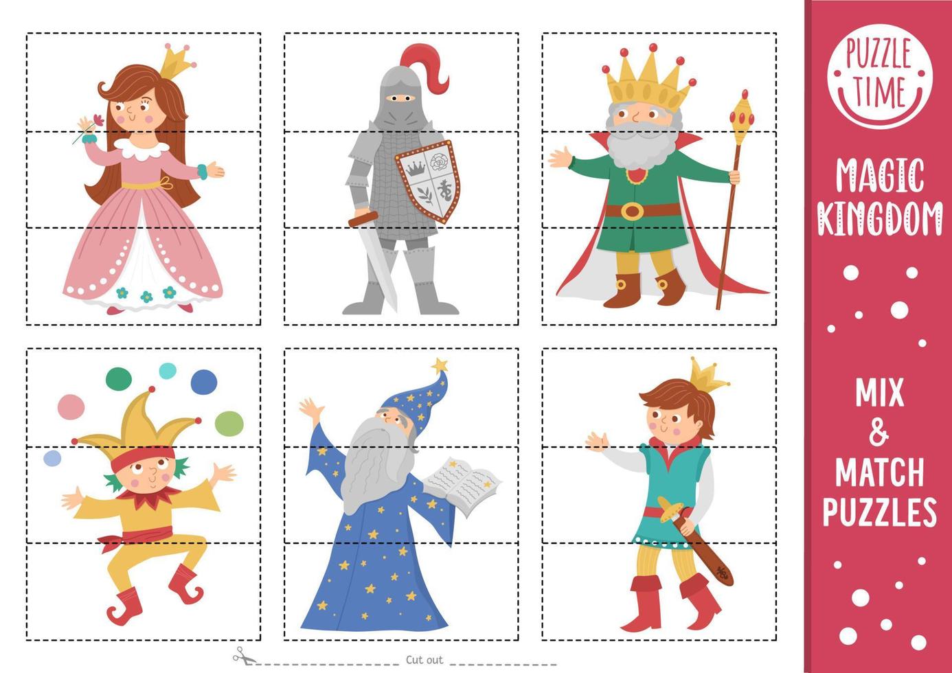 mezcla de cuento de hadas vectorial y combina rompecabezas con princesa, rey, caballero, príncipe, observador de estrellas. actividad del reino mágico a juego para niños en edad preescolar. juego educativo imprimible con personajes de fantasia vector