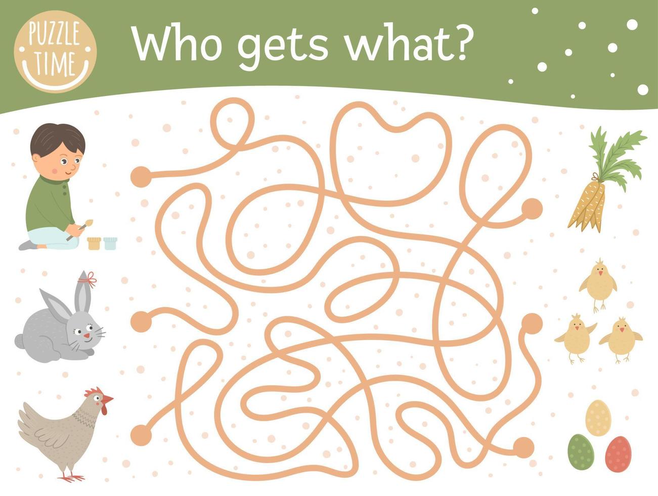 Easter maze for children. Preschool spring holiday activity. Funny game with cute hen, bunny and boy. Whose gets what puzzle. vector