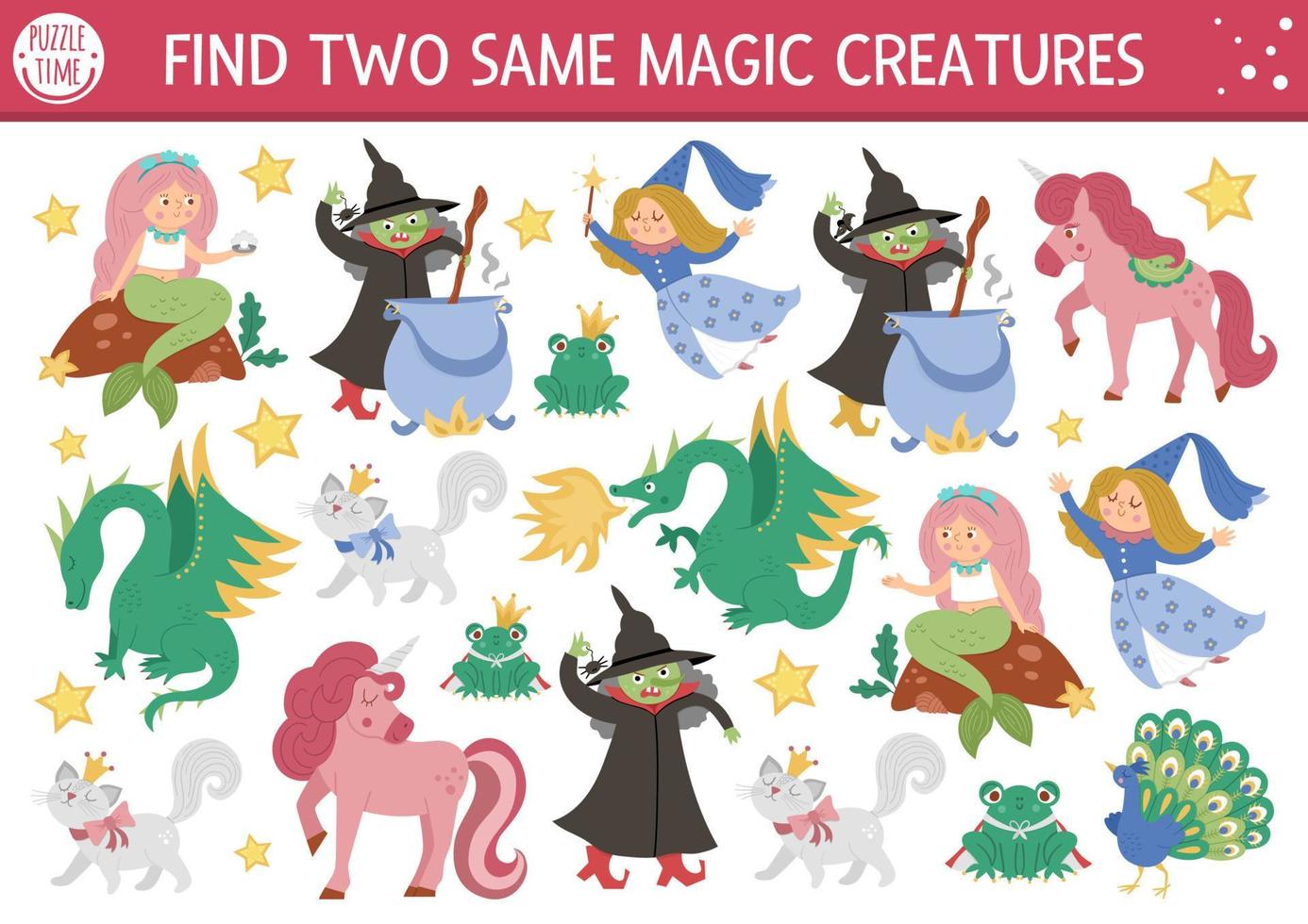 Find two same magic creatures. Fairytale matching activity for children. Fantasy kingdom educational quiz worksheet for kids for attention skills. Simple printable game with dragon, witch, unicorn vector