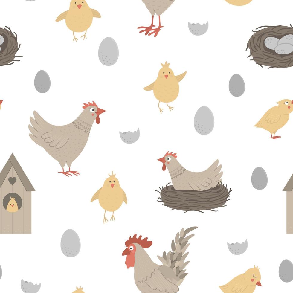 Vector seamless pattern with cute funny hen, rooster, little chicks, eggs, nest. Spring or Easter funny repeating background. Digital paper with Christian holiday elements