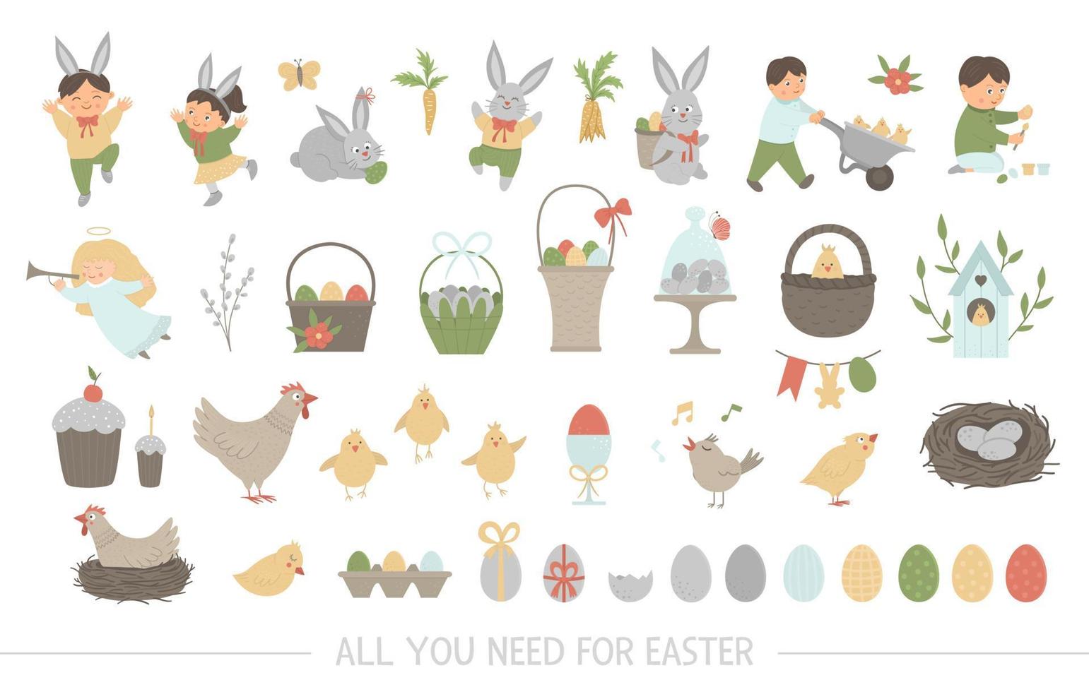 Big collection of design elements for Easter. Vector set with cute bunny, children, colored eggs, chirping bird, chicks, baskets. Spring funny illustration.