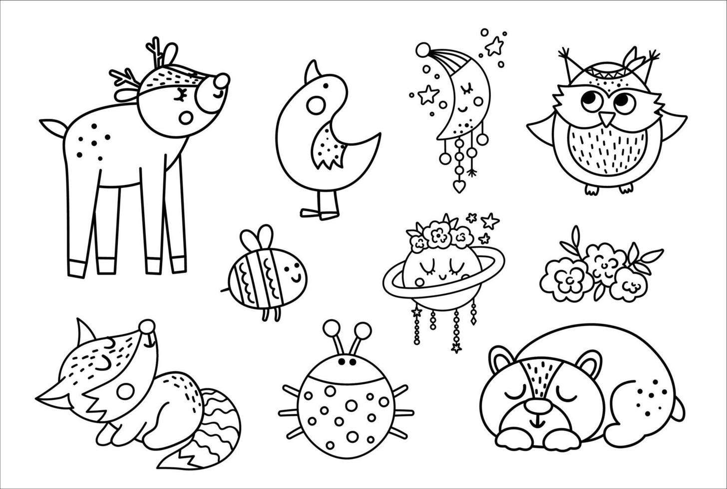 Vector black and white woodland baby animals, insects and birds collection. Boho line forest set. Bohemian little fox, owl, bear, deer, ladybug, goose with flowers, planet, half moon.