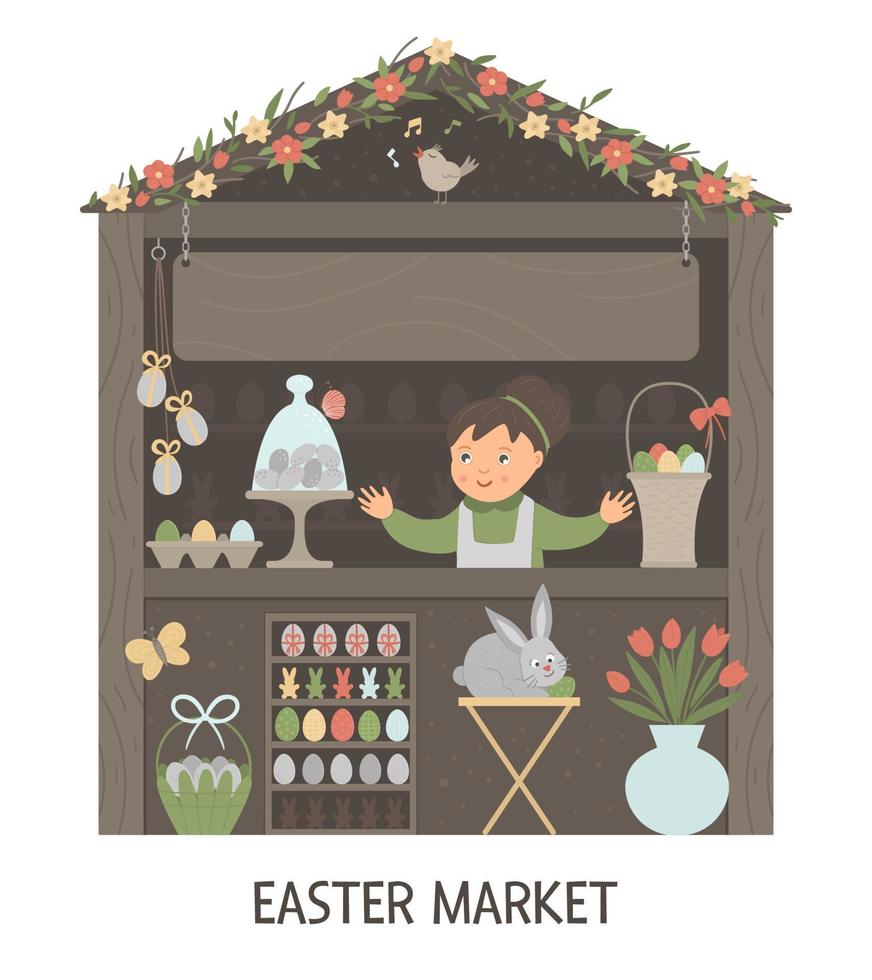 Vector illustration of Easter market stall with saleswoman with place for text. Little shop with spring holiday goods. Cute cartoon style banner with eggs, bunny, flowers.