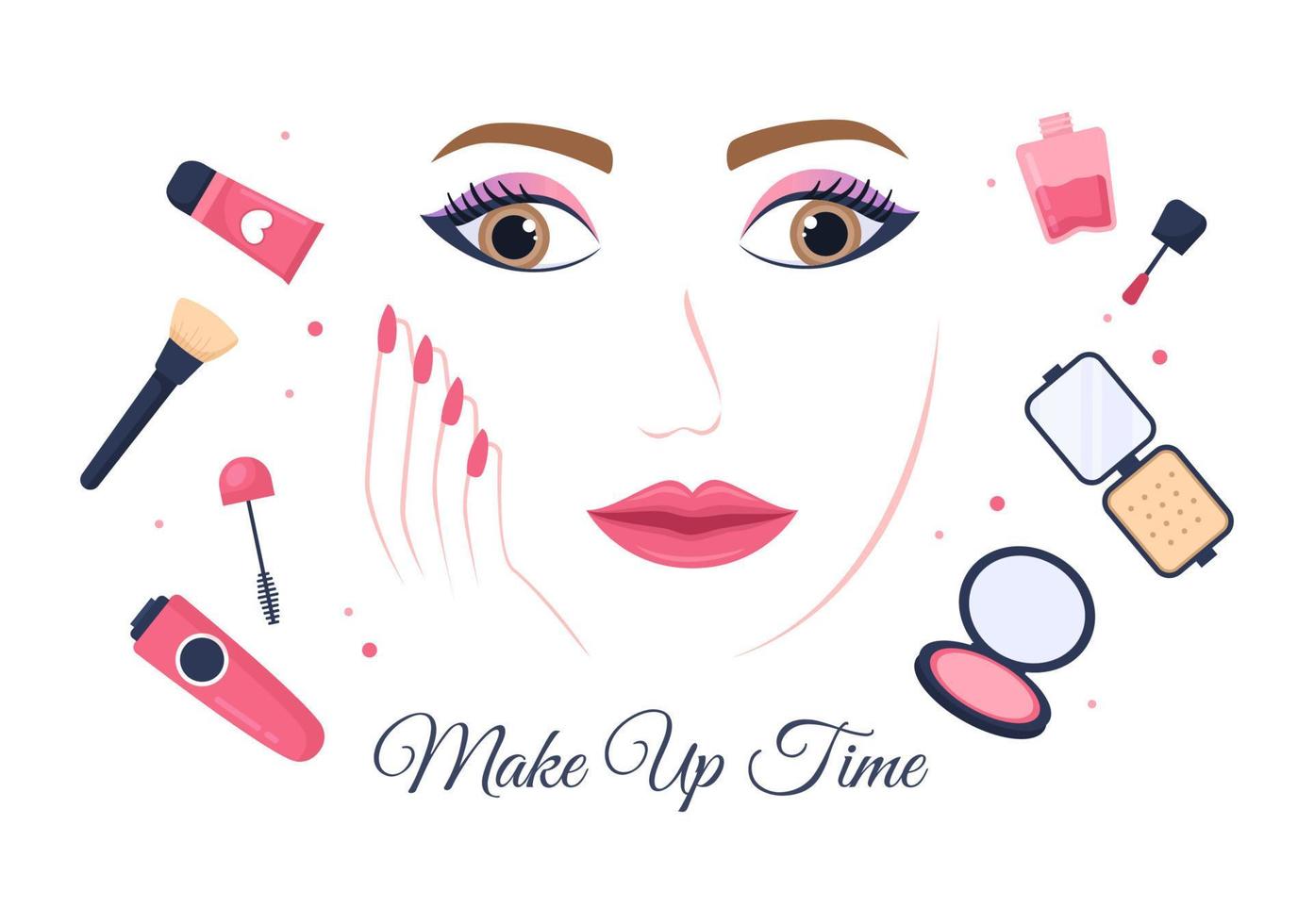 Make Up Cosmetics Collection of Glamour Girl Like Nail Polish, Mascara, Lipstick, Eyeshadows, Brush or Powder in Flat Cartoon Vector Illustration