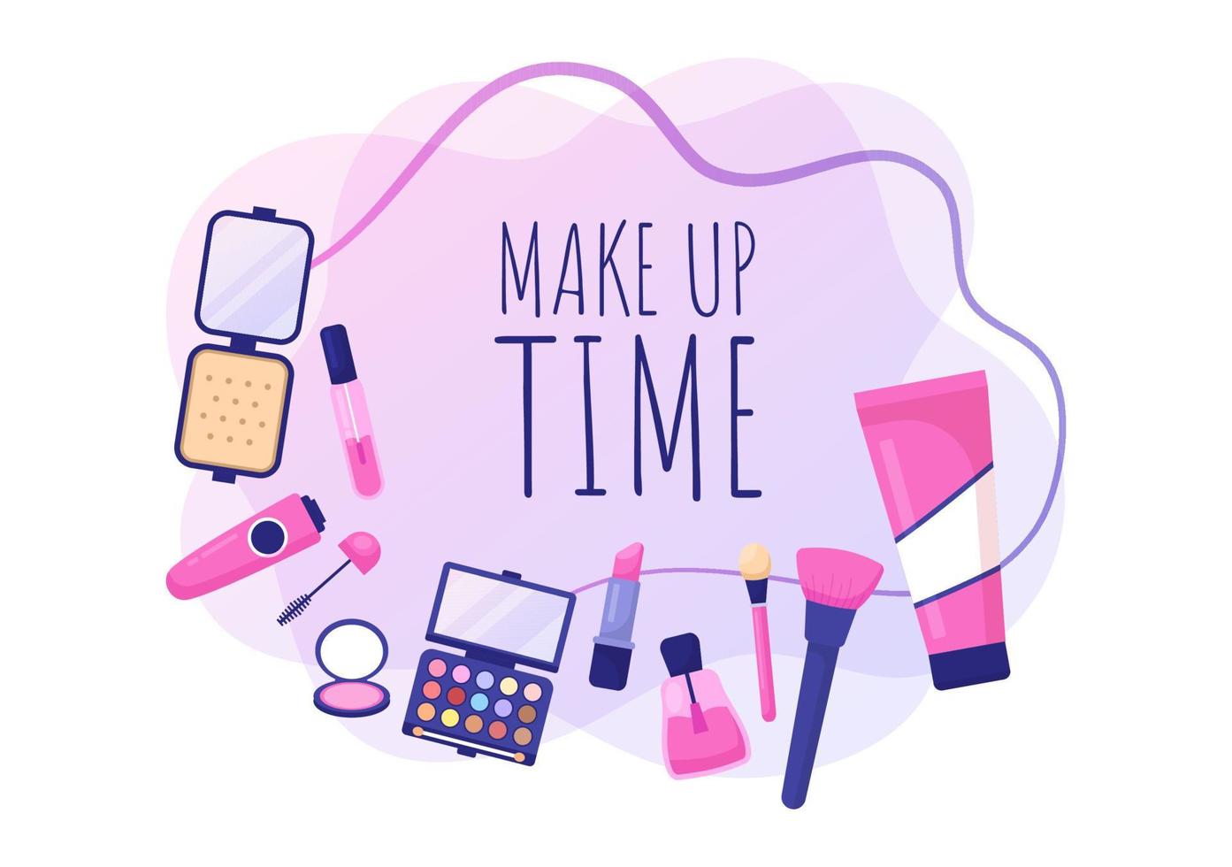 Make Up Cosmetics Collection of Glamour Girl Like Nail Polish, Mascara, Lipstick, Eyeshadows, Brush or Powder in Flat Cartoon Vector Illustration