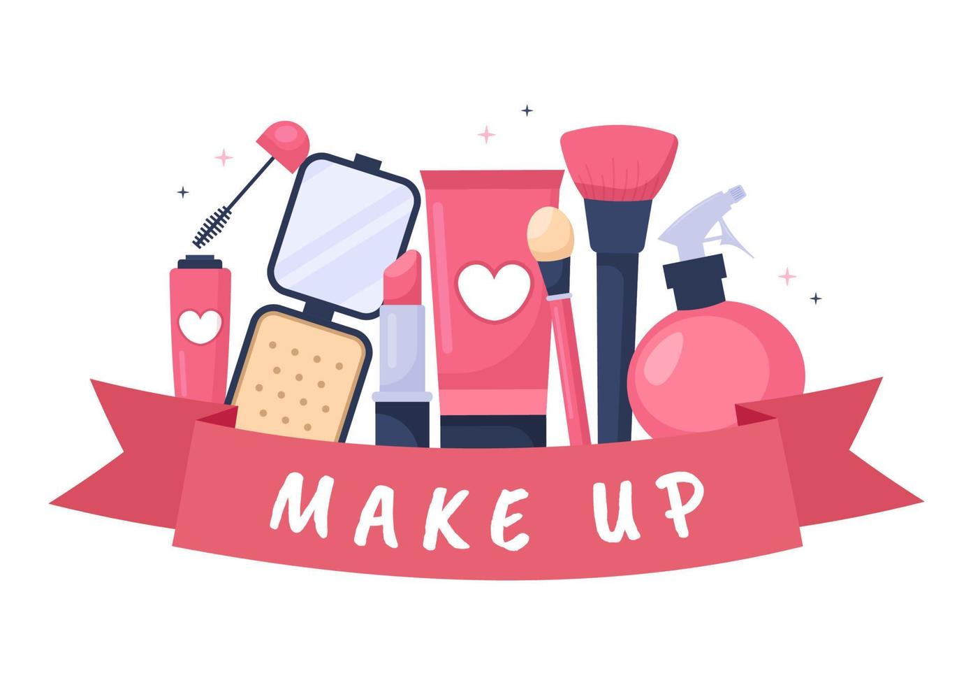 Make Up Cosmetics Collection of Glamour Girl Like Nail Polish, Mascara, Lipstick, Eyeshadows, Brush or Powder in Flat Cartoon Vector Illustration