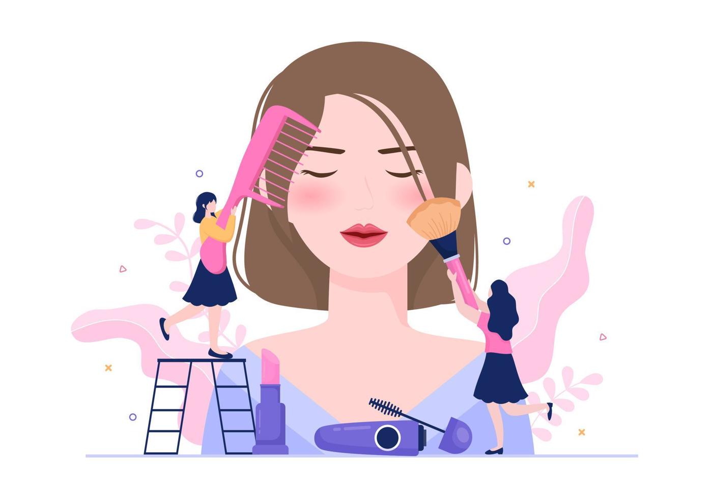 maquillaje colección de cosméticos de chica glamorosa como esmalte de uñas, rímel, lápiz labial, sombras de ojos, cepillo o polvo en ilustración de vector de dibujos animados plana