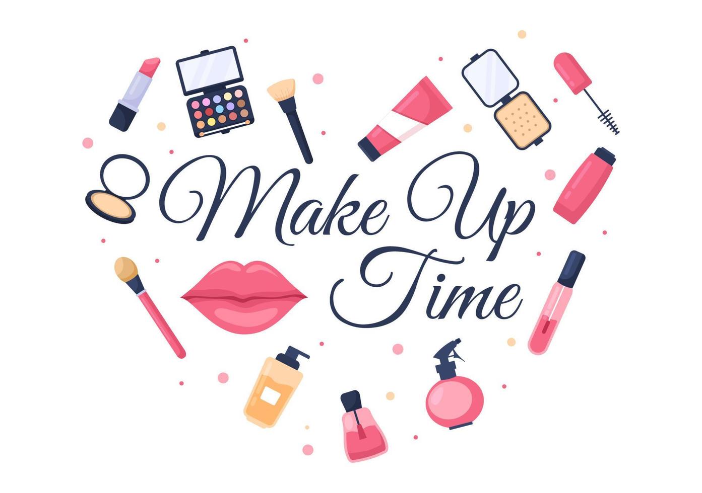 Make Up Cosmetics Collection of Glamour Girl Like Nail Polish, Mascara, Lipstick, Eyeshadows, Brush or Powder in Flat Cartoon Vector Illustration