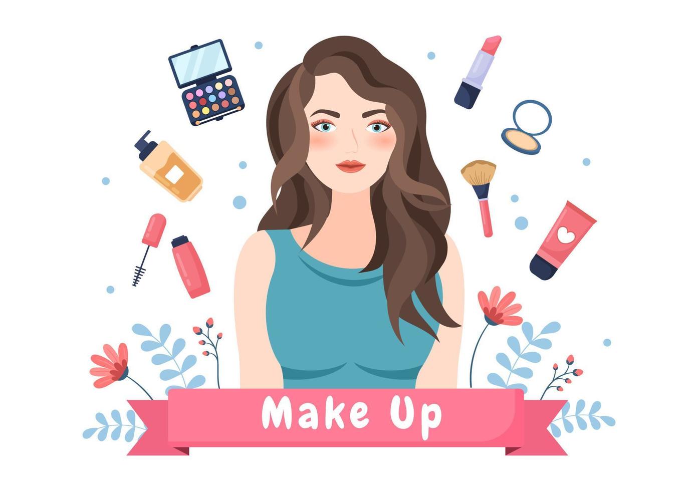 Make Up Cosmetics Collection of Glamour Girl Like Nail Polish, Mascara, Lipstick, Eyeshadows, Brush or Powder in Flat Cartoon Vector Illustration