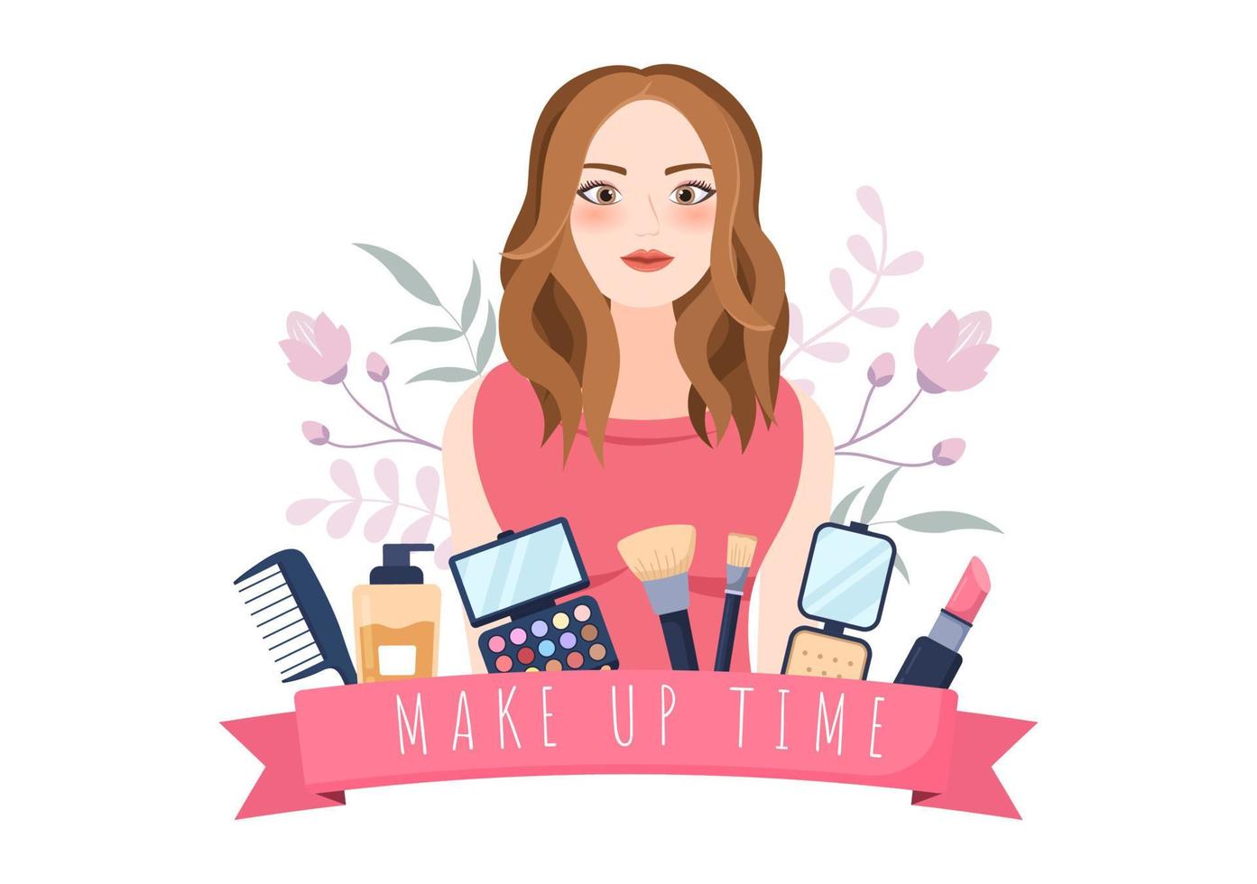 maquillaje colección de cosméticos de chica glamorosa como esmalte de uñas, rímel, lápiz labial, sombras de ojos, cepillo o polvo en ilustración de vector de dibujos animados plana