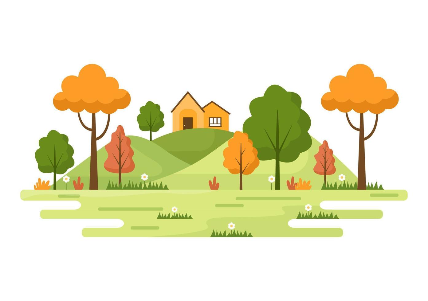 naturaleza y paisaje únicos de árboles, bosques, montañas, flores o plantas en primavera y verano de fondo en diferentes formas abstractas ilustración de estilo plano vector