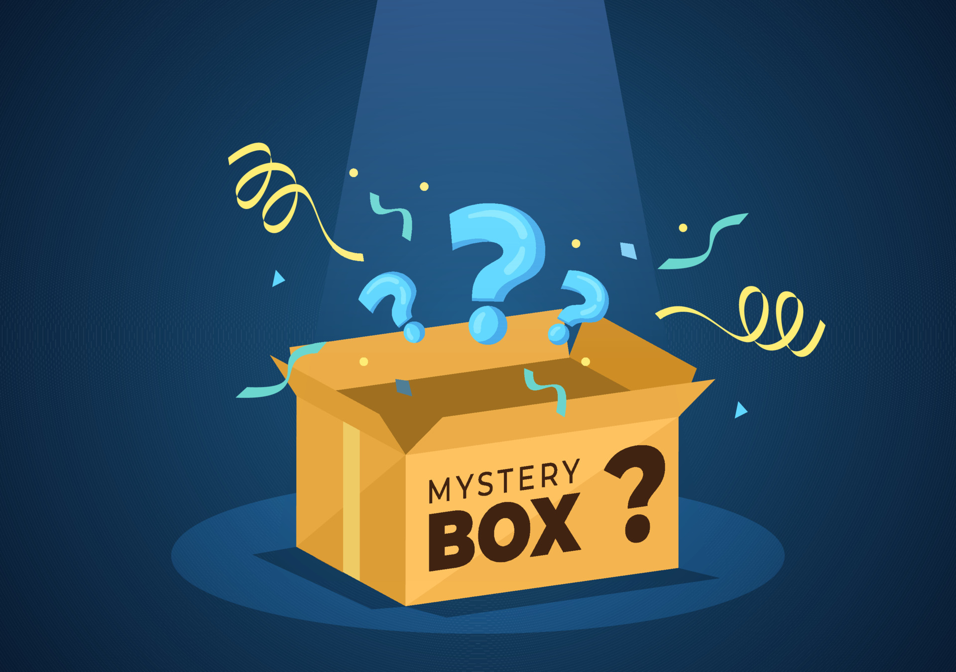 Mystery Gift Box with Cardboard Box Open Inside with a Question Mark