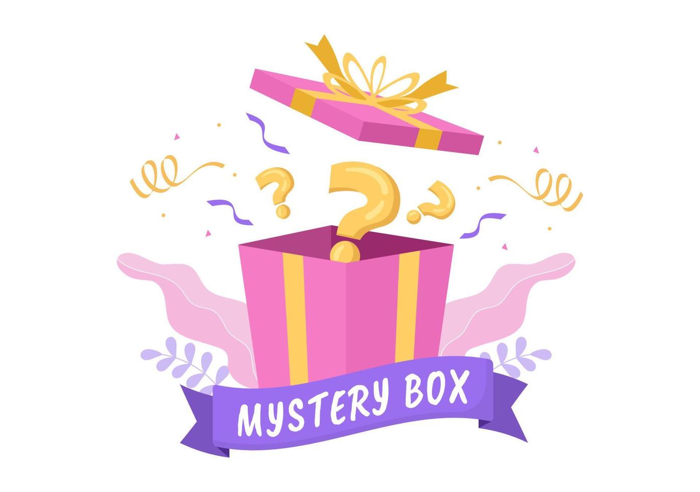 caja de regalo misteriosa con caja de cartón abierta en el interior con un signo de interrogación, regalo de la suerte u otra sorpresa en una ilustración de estilo de caricatura plana vector