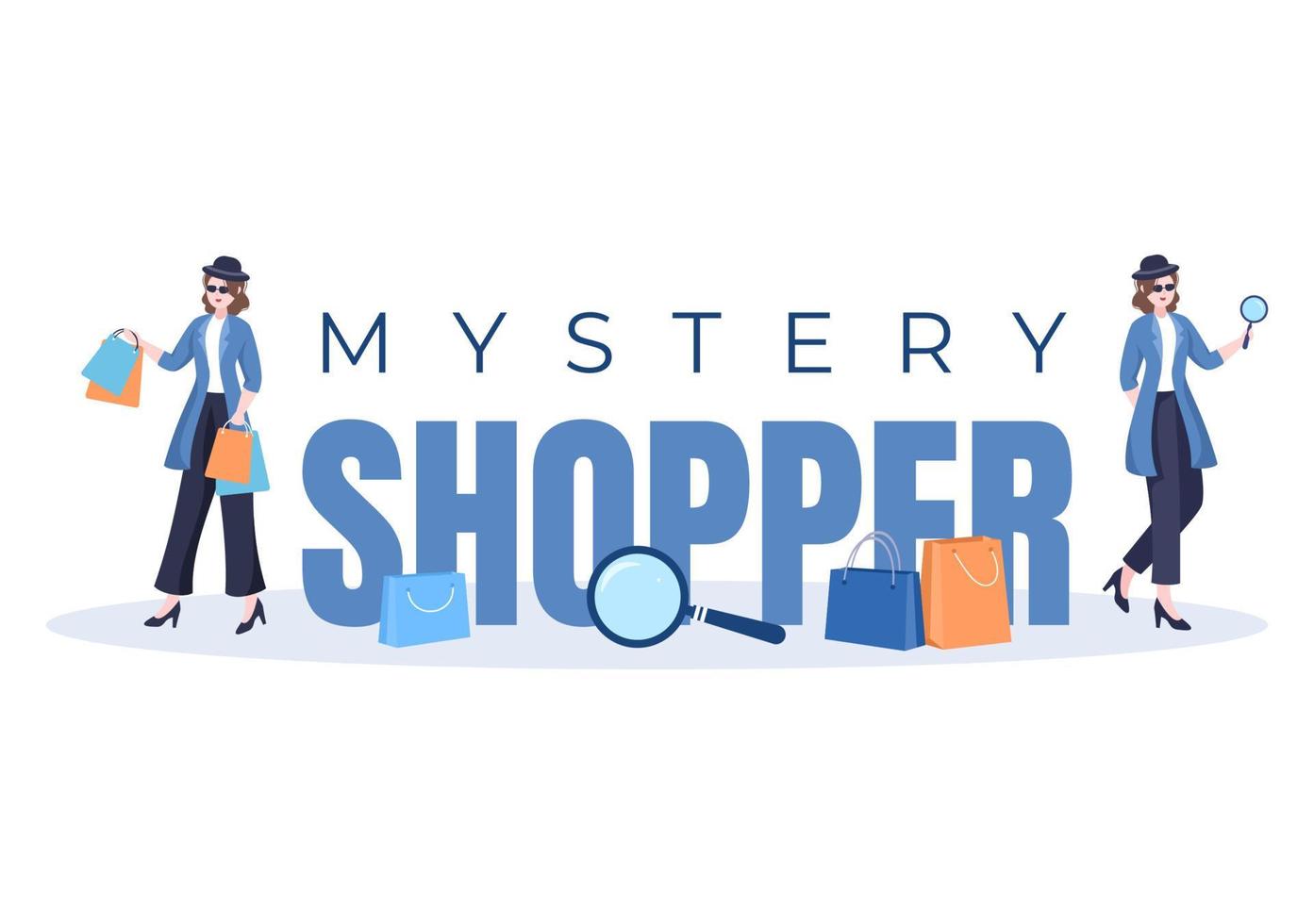 Mystery Shopper with Bags in Sunglasses, Magnifier, Spy Coats and Hats in Flat Cartoon Style