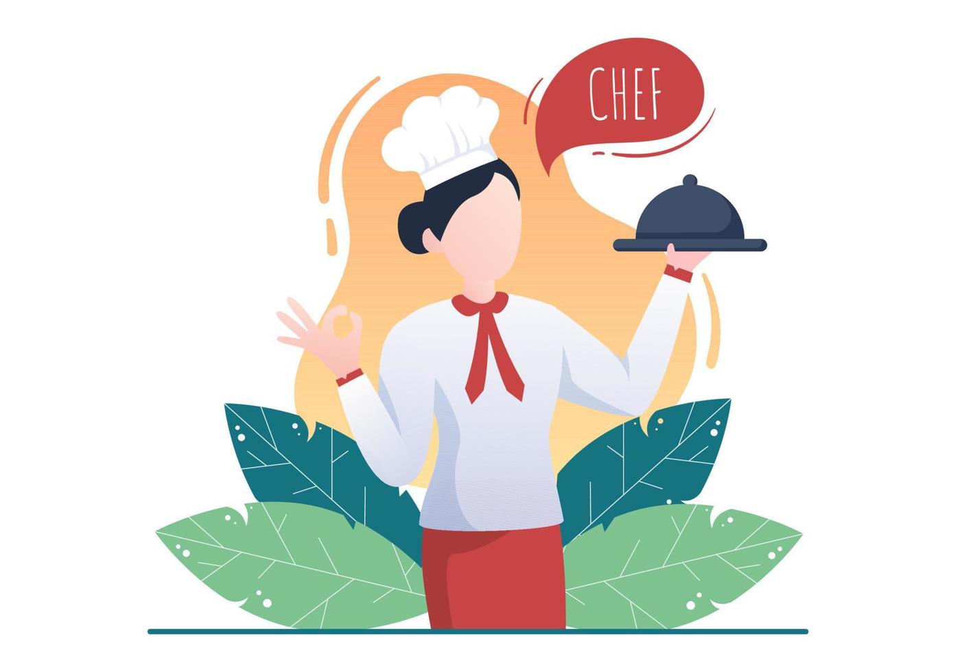Professional Chef Cartoon Character Cooking Illustration with Different Trays and Food to Serve Delicious Food Suitable for Poster or Background vector