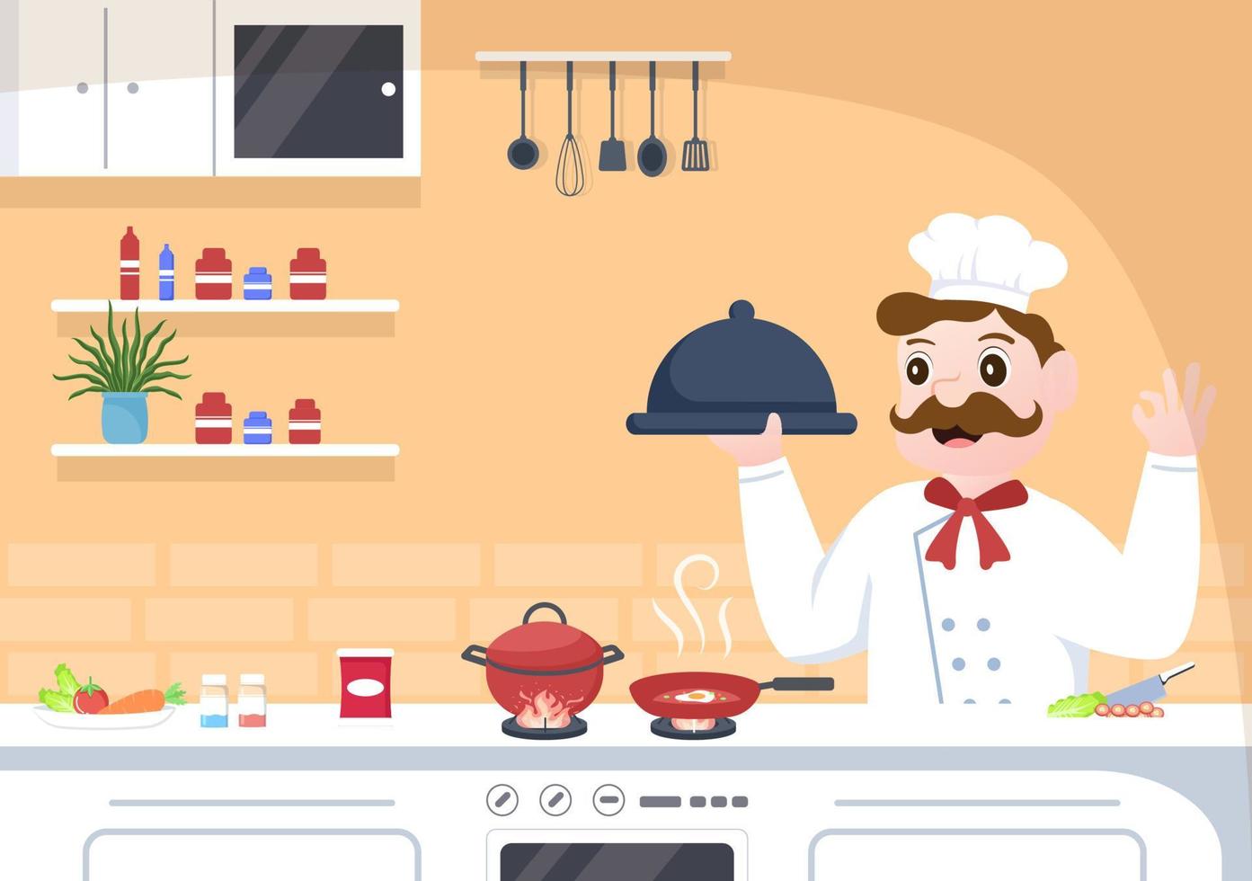 ilustración de cocina de personaje de dibujos animados de chef profesional con diferentes bandejas y comida para servir deliciosa comida hecha en la cocina adecuada para póster vector