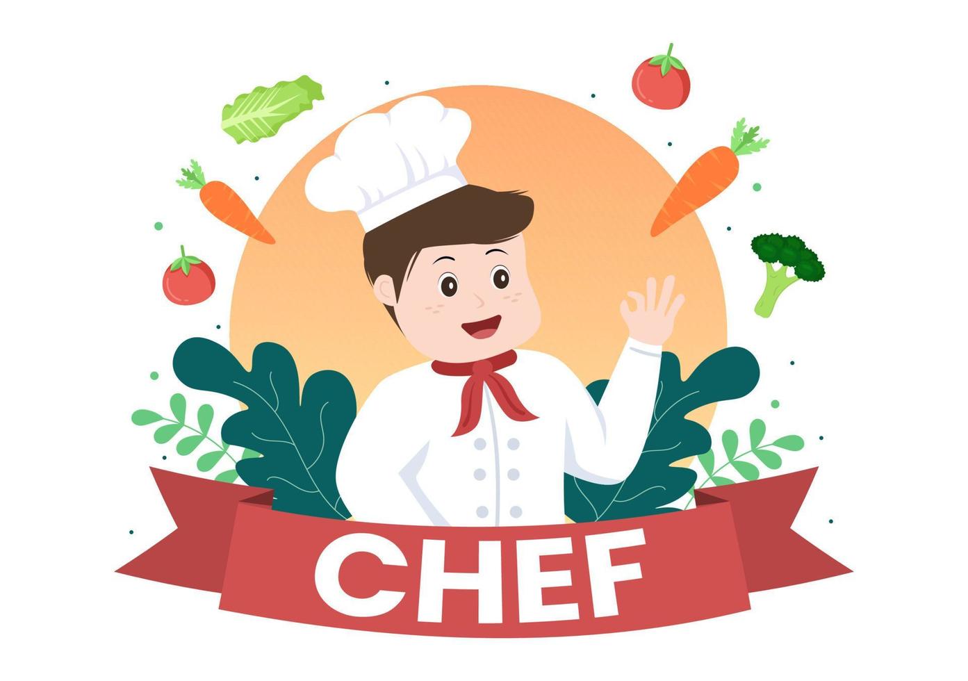 Professional Kids Chef Cartoon Character Cooking Illustration with Different Trays and Food to Serve Delicious Food Suitable for Poster or Background vector