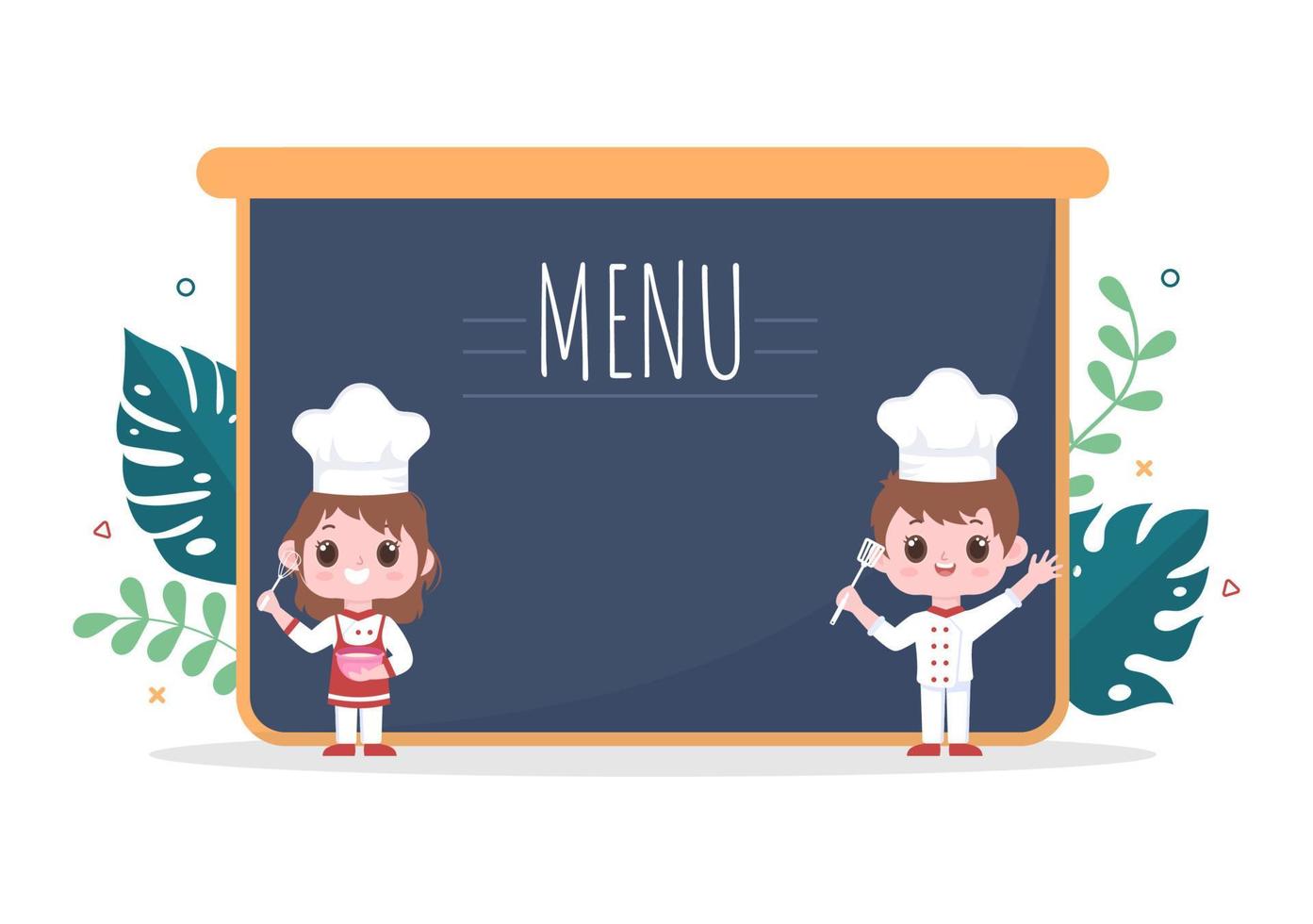 Professional Kids Chef Cartoon Character Cooking Illustration with Menu Different Trays and Food to Serve Delicious Food Suitable for Poster or Background vector