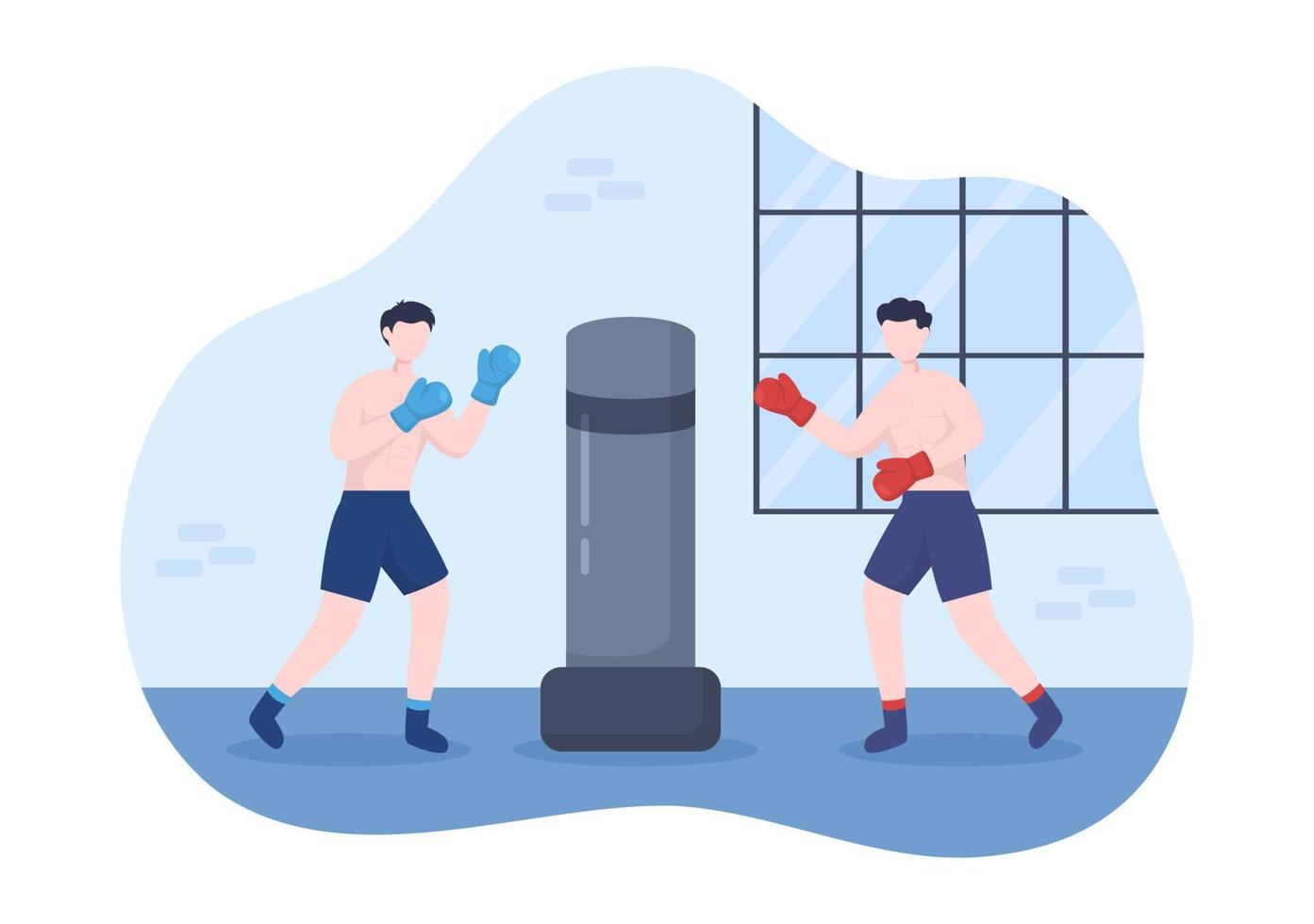 Professional Boxing Sport Wearing Boxer, Ring, Belt, Punch Bags, Red Gloves and Helmet When Competing, Sparring or Practicing in Flat Cartoon Illustration vector
