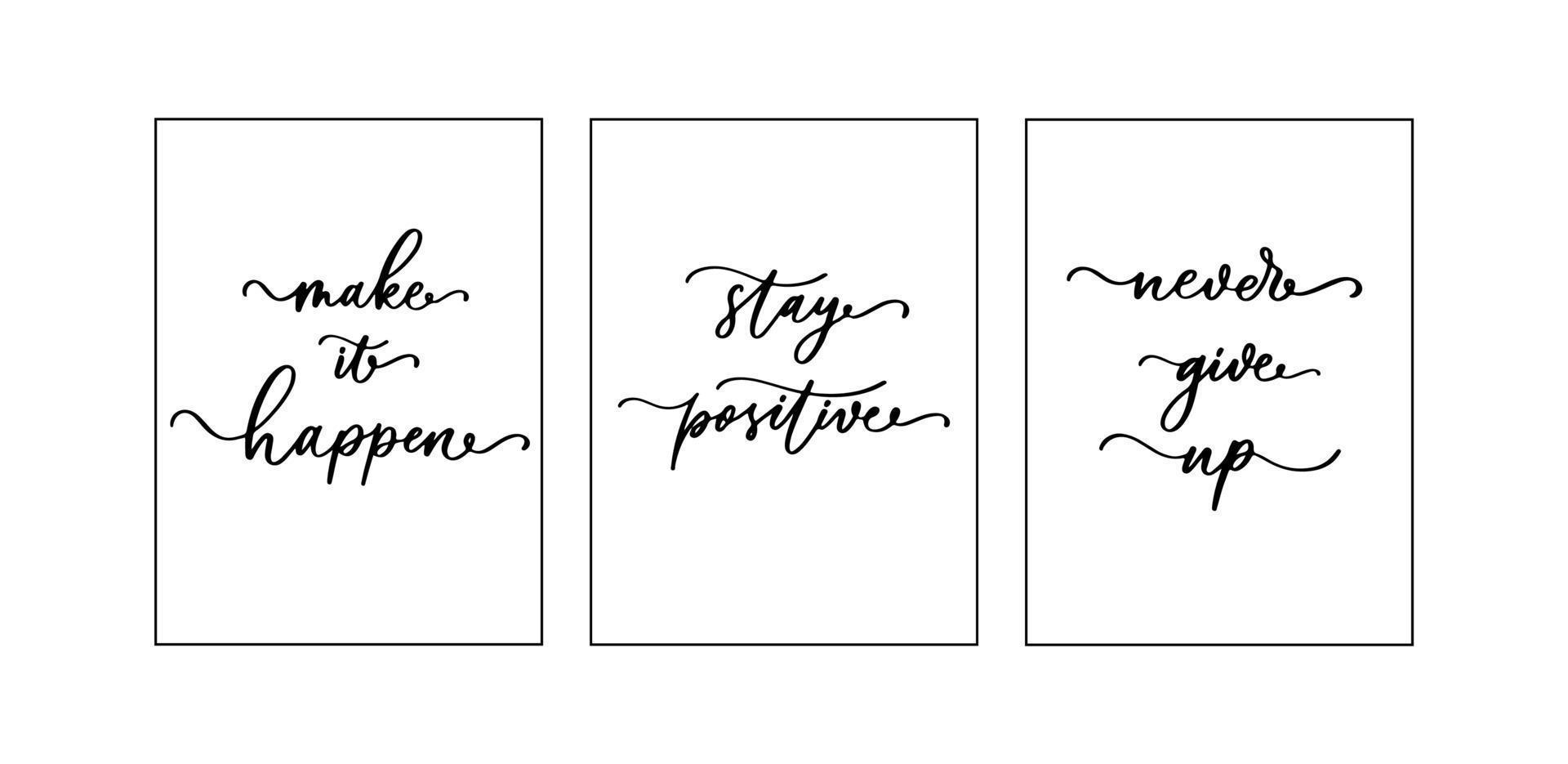 Set of Motivate poster. Stay Positive, Make it happen, Never give up. Lettering poster. vector