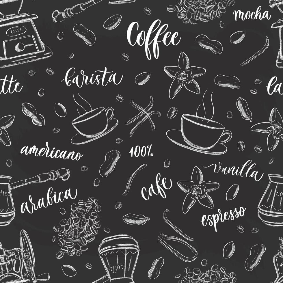 patrón transparente de café en estilo de garabato dibujado a mano vintage con diferentes objetos sobre el tema del café. vector