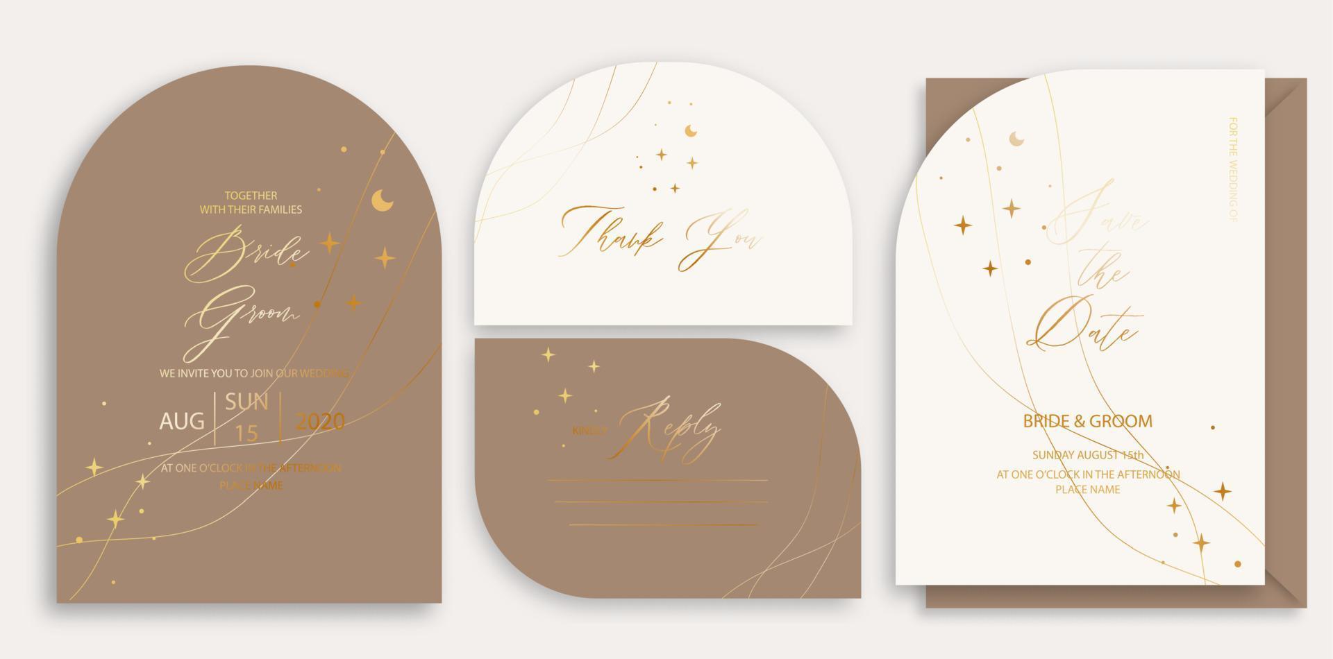 Modern wedding invitation template, arch shape with gold moon and star and handmade calligraphy. vector