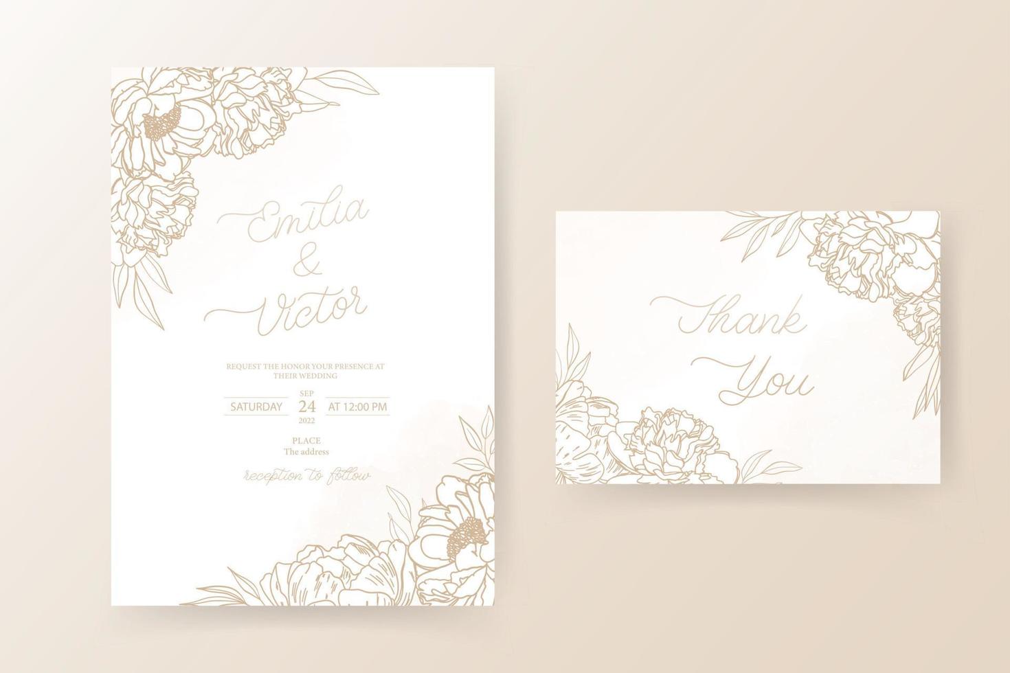 elegante flor y hoja en línea en la plantilla de la tarjeta de invitación de boda. vector