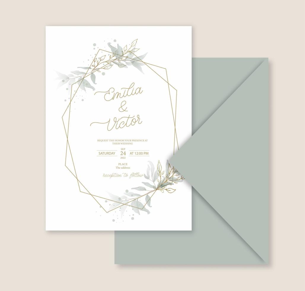 elegante hoja verde en la plantilla de la tarjeta de invitación de boda. vector