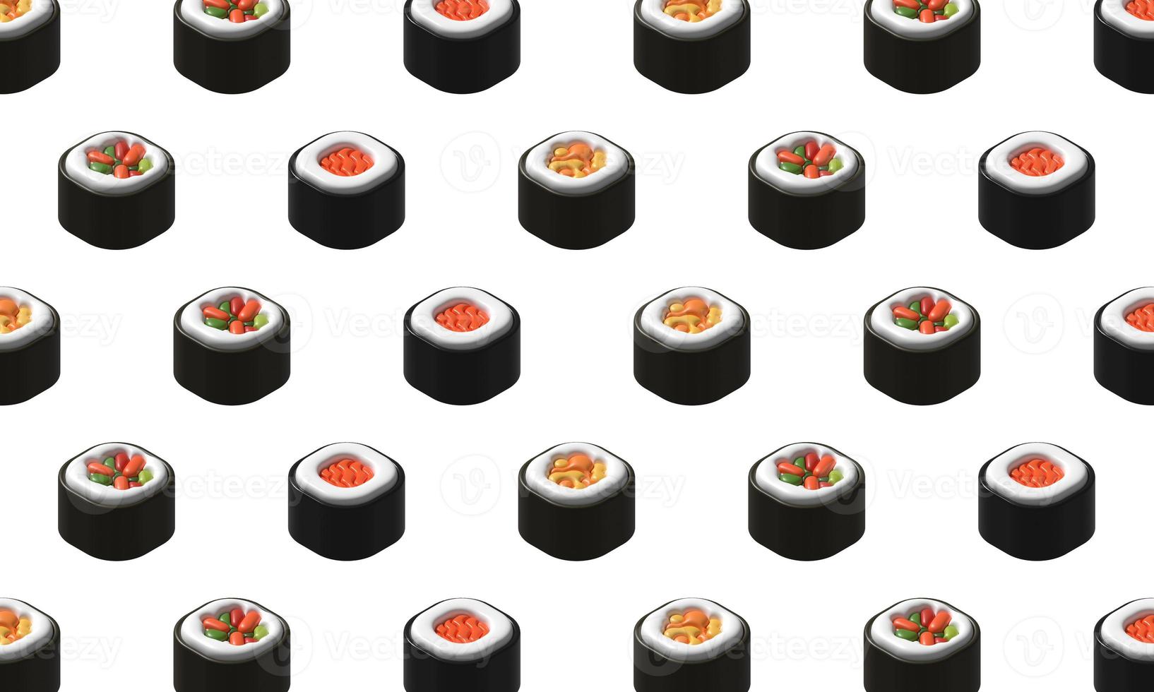 3d render illustration roll sushi pattern. 3d illustration japanese sushi object photo