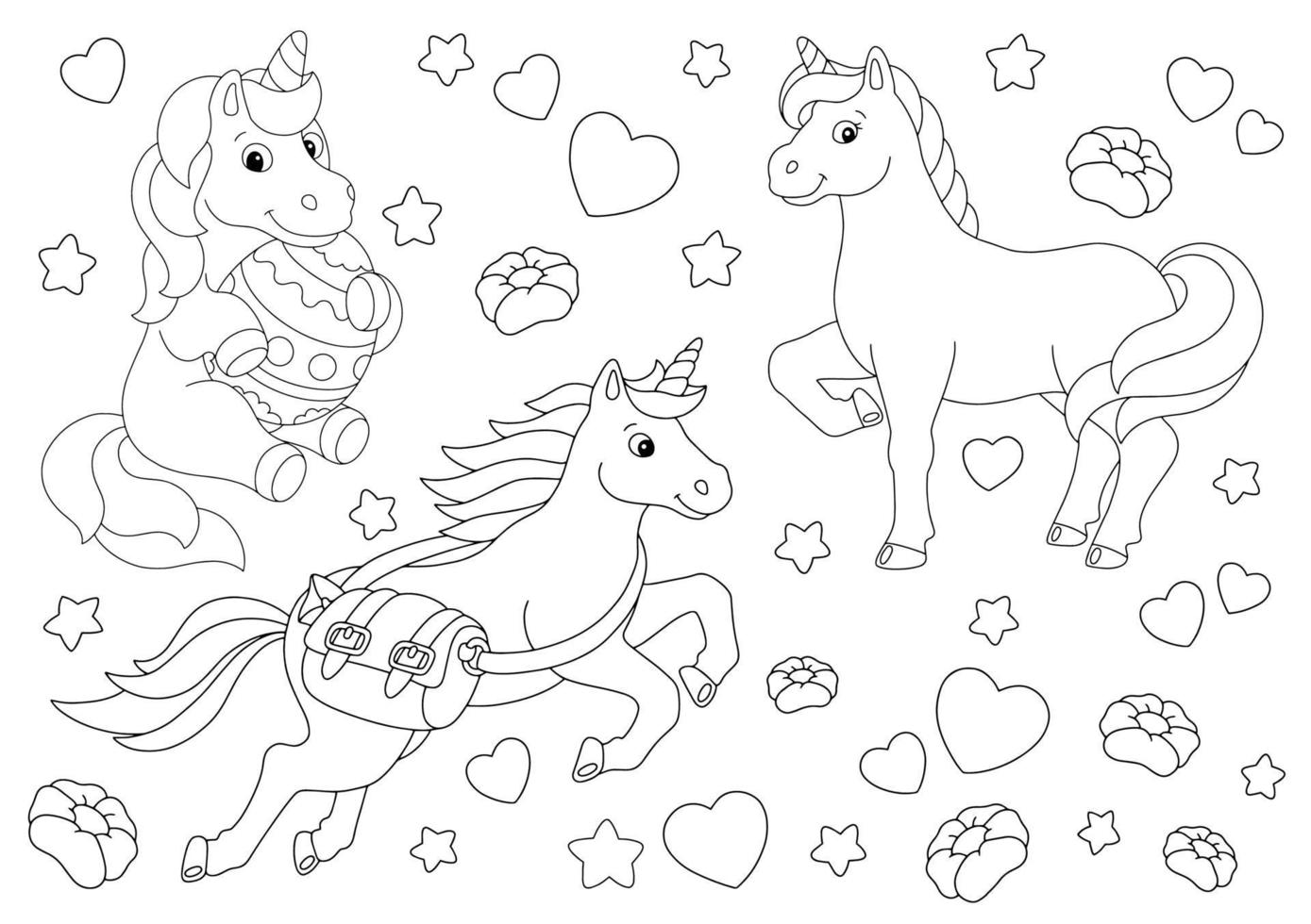 conjunto de lindos unicornios mágicos. página de libro para colorear para niños. personaje de estilo de dibujos animados. ilustración vectorial aislado sobre fondo blanco. vector