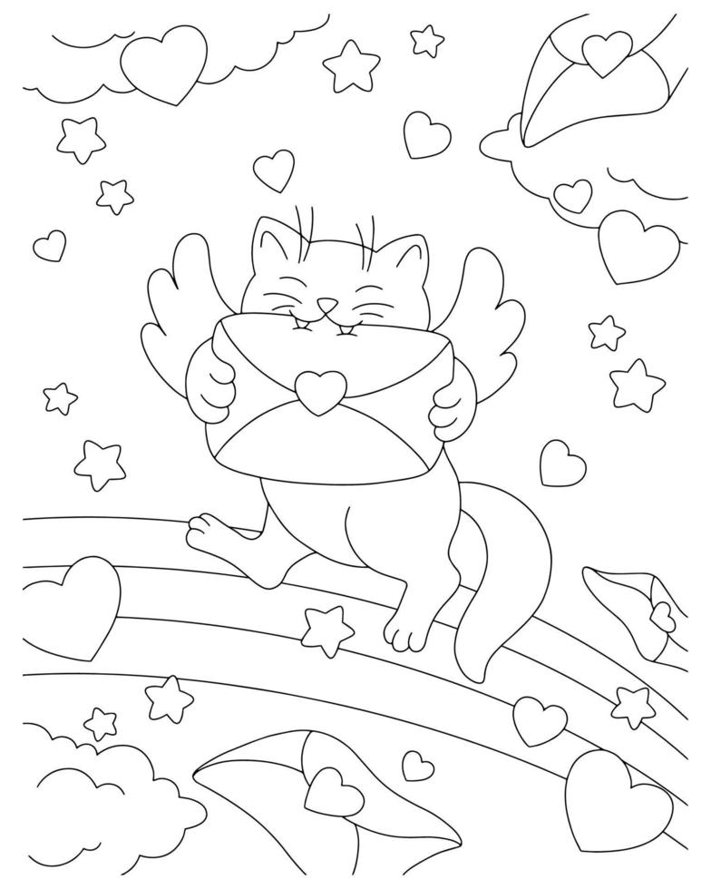 Cute cat cupid bites a love letter. Coloring book page for kids. Valentine's Day. Cartoon style character. Vector illustration isolated on white background.