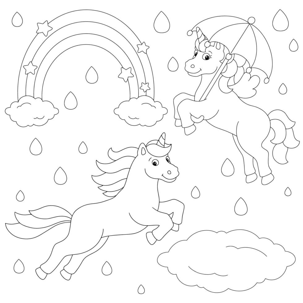 los unicornios caminan bajo la lluvia. página de libro para colorear para niños. personaje de estilo de dibujos animados. ilustración vectorial aislado sobre fondo blanco. vector